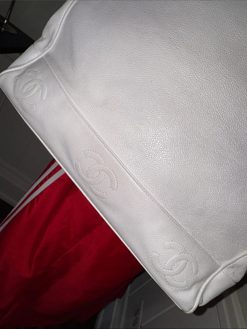 CHANEL XL Vintage Triple CC White Leather Shoulder Tote Bag Purse Gold Chain